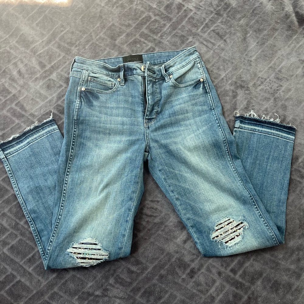 White House Black Market Blue Straight Legged Embellished Jeans